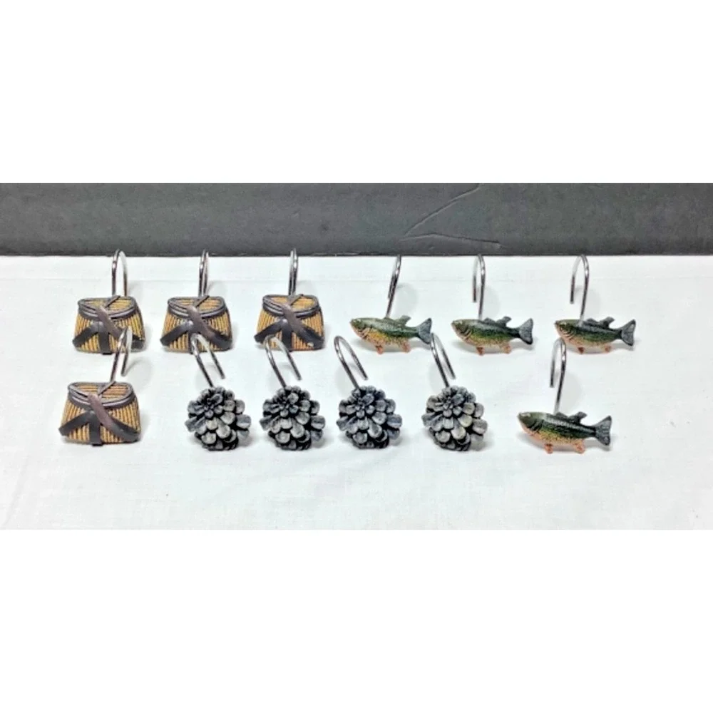 12 Rustic Cabin style Shower Curtain Hooks Baskets, Trout, and Pinecones Decor